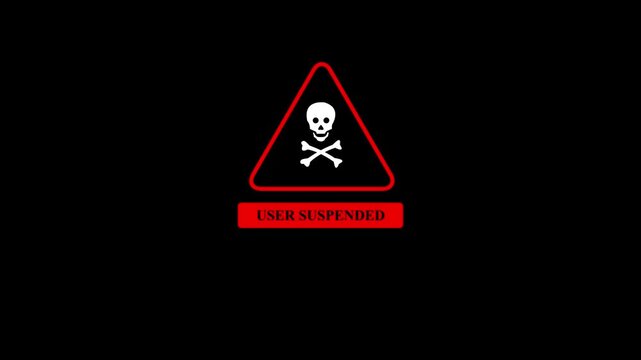 User Suspended Warning Icon with Skull and Crossbones Red Triangle Danger Symbol Security Restriction Alert Notification UI Design Isolated on Black Background with 4k video animation.