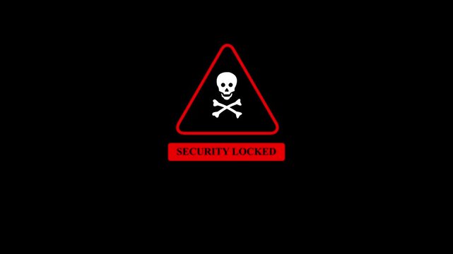Security Locked Warning Icon with Skull and Crossbones Red Triangle Danger Symbol Security Restriction Alert Notification UI Design Isolated on Black Background with 4k video animation.