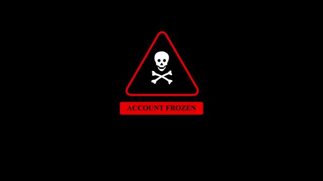 Account Frozen Warning Icon with Skull and Crossbones Red Triangle Danger Symbol Security Restriction Alert Notification UI Design Isolated on Black Background with 4k video animation.
