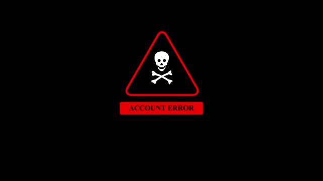 Account Error Warning Icon with Skull and Crossbones Red Triangle Danger Symbol Security Restriction Alert Notification UI Design Isolated on Black Background with 4k video animation.