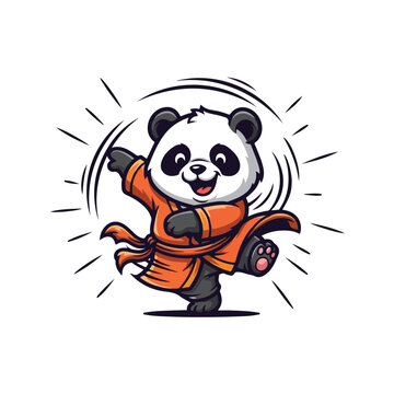 A cheerful cartoon panda in an orange Shaolin uniform performs a dynamic kung fu kick on a clean white background