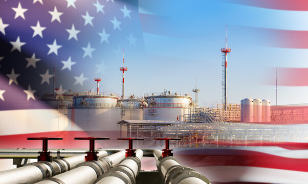 Oil refinery, Energy infrastructure. Industrial fuel storage tanks and pipeline network operate under U.S. flag, symbolizing national energy production and oil and gas processing LNG
