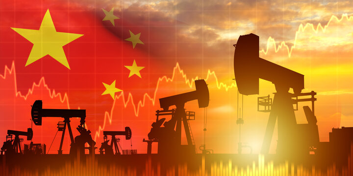 Oil production economics, Energy industry. Pumpjacks operate at oil field with China flag and market chart overlay, illustrating crude extraction, pricing dynamics, and energy policy.