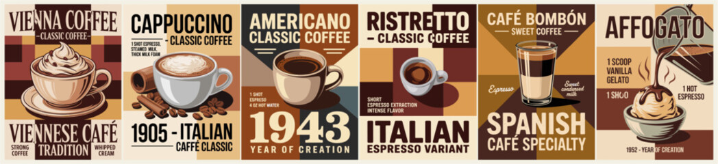 Vintage coffee posters display classic brews. Each design celebrates unique coffee styles with bold fonts. Warm tones and retro layouts evoke nostalgic charm. Ideal for cafes, coffee shops