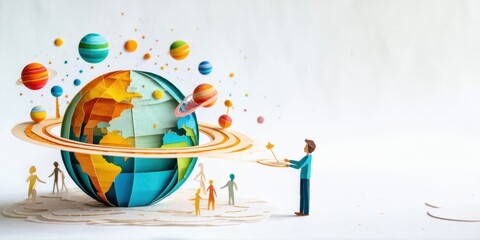 Fototapeta premium Papercraft globe surrounded by planets, rings. Figures observe creation, representing exploration, connection, wonder. Bright colors dominate scene.