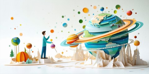 Fototapeta premium Papercraft scene depicts person near planet. Colorful rings surround globe, mountains visible. Spheres float around landscape.