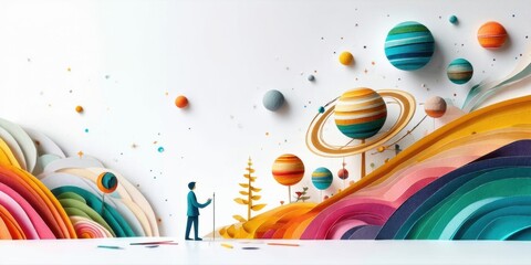 Fototapeta premium Surreal landscape features colorful paper planets, hills, lone figure observing cosmos. Bright hues create whimsical scene.