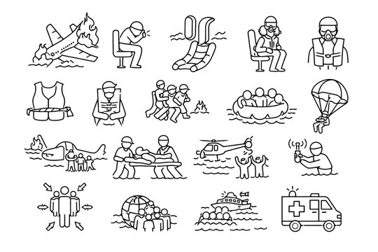 Set of outline icons how to recover from a plane crash. Linear icon collection. Editable stroke. Vector illustration
