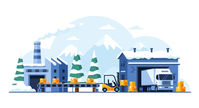 Winter Logistics and Supply Chain Management: Factory, Warehouse, Forklift, and Delivery Truck in Snowy Landscape Illustration