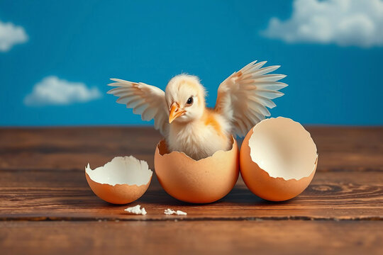 Chick hatches from the egg with its wings spread