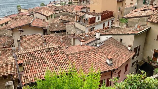 Limone sul Garda, old town houses and view to the Lake Garda, Italy