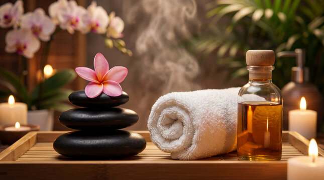 Tranquil spa setting with black basalt stones, frangipani flower, rolled towel, and massage oil on a bamboo tray.