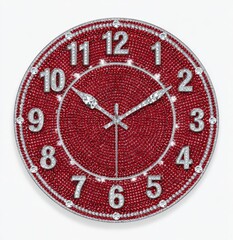 Elegant Timepiece: A close-up view of an exquisite, intricately designed clock with a striking red face. The timepiece is adorned with shimmering embellishments and features silver numerals and hands.