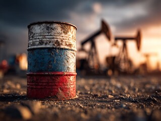 Oil Barrel and Oil Rig: An oil barrel, painted in the colors of the national flag, stands amidst an industrial landscape with oil rigs in the blurred background.