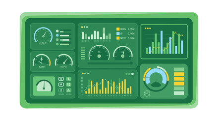 Fototapeta premium Green Digital Dashboard: Data Analytics, Business Intelligence & Performance Monitoring Interface with Charts, Gauges, and Real-Time Metrics UI/UX