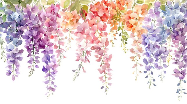 Cascading wisteria blossoms feature a vibrant, watercolor rainbow gradient against a stark white background.