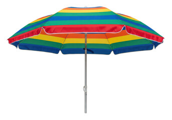 Obraz premium Colorful beach umbrella with vibrant rainbow stripes isolated on transparent background