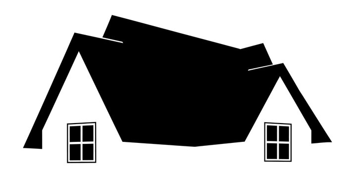 A black and white illustration of a house with a collapsed roof