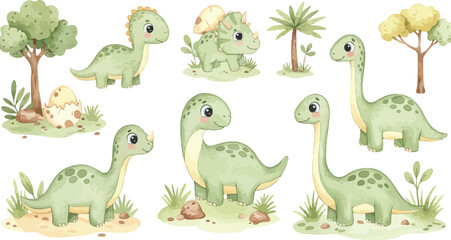 Fototapeta premium Watercolor illustration of various green dinosaurs and plants in a prehistoric landscape scene together
