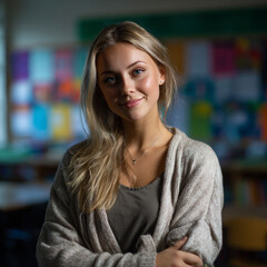 Fototapeta premium young friendly elementary school teacher in bright classroom