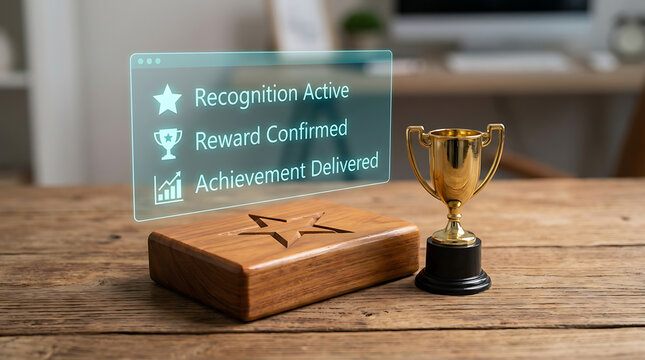 Golden trophy cup and wooden block with star on desk with achievement notification