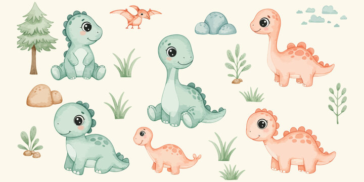 Whimsical illustration of cute dinosaurs and plants in pastel colors on white background