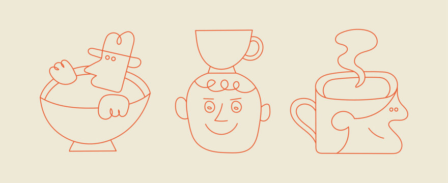 Minimal one-line coffee characters doodle illustration set