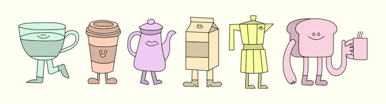 Set of hand-drawn mascots with characters related to coffee