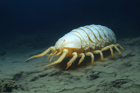 Pale giant isopod crawls across the sandy ocean floor in deep, dark blue waters