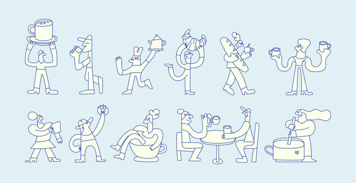 Set of hand-drawn characters with a coffee theme