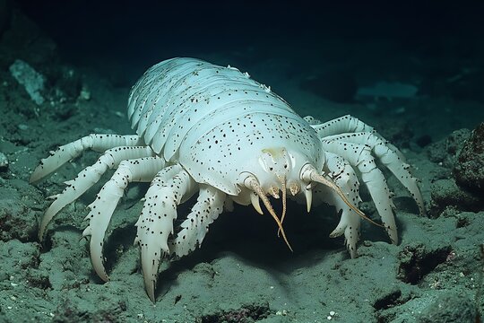 Pale giant isopod crawling on the dark ocean floor, deep sea creature, marine invertebrate