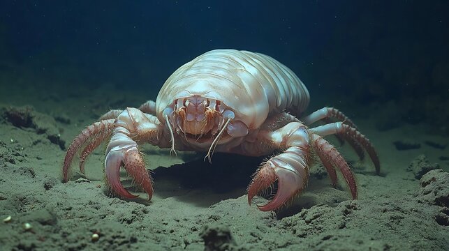 Pale giant isopod crawling on the ocean floor in dark, deep sea environment