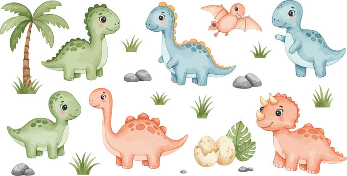 Colorful illustration of various dinosaurs and prehistoric plants on white background for kids