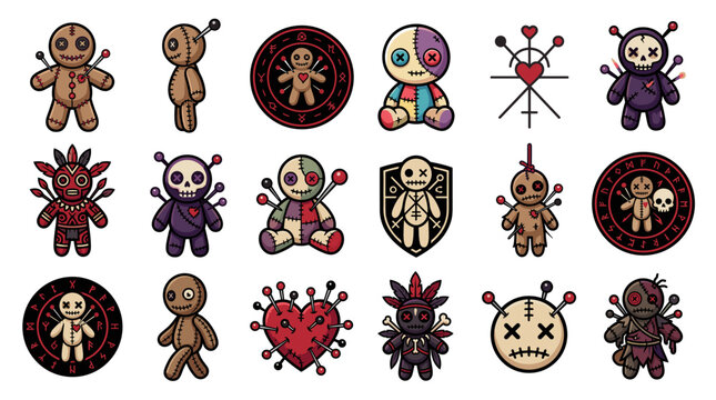 A collection of various voodoo doll illustrations with different designs and styles.