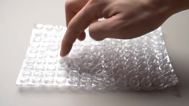 Hand Popping Bubbles on Bubble Wrap Packaging.