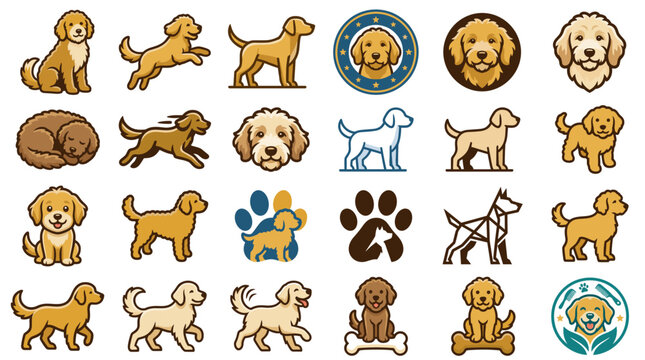 Collection of vector illustrations depicting golden doodle dogs in various poses and styles.