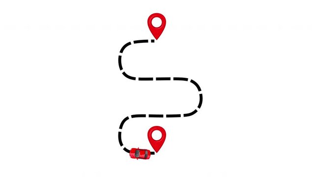 Red Car Route Animation with Map Pin Icons on Alpha Channel 4K