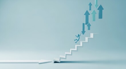 Obraz premium Business person character falling from a white staircase next to rising arrows symbolizing financial failure, career setbacks, and market risk in a 3D render