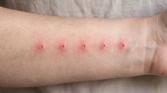 Row of red inflamed insect bites on a human forearm