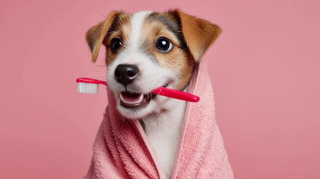 Dog with a toothbrush and towel. Smart Jack Russell holds a red toothbrush in its mouth on a pink background. Oral, dental hygiene of pets. Health care banner. Veterinary medicine. Grooming