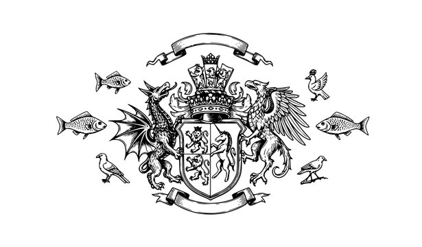 Medieval coat of arms with mythical animals vintage engraved heraldic crest with dragon lion unicorn and eagle