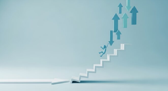 Business person character falling from a white staircase next to rising arrows symbolizing financial failure, career setbacks, and market risk in a 3D render