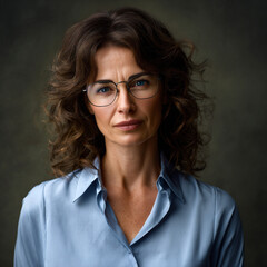 Obraz premium professional portrait of mature woman with glasses in blue shirt, confident middle aged businesswoman isolated on solid background, modern tech style headshot of friendly female professional