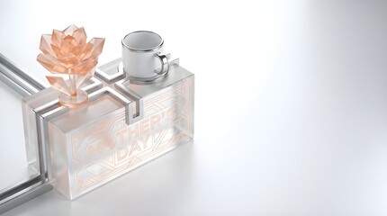 Fototapeta premium 3D render of a futuristic Mother's Day event reminder calendar with peach frosted glass flower and coffee cup on white background 