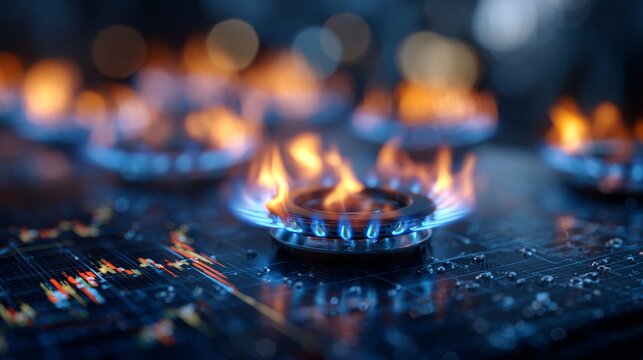 The fiery surge: visualizing economic impacts of global energy prices. Digital mind. Blue flame and financial patterns highlight global household cost increases. Synthetic consciousness.