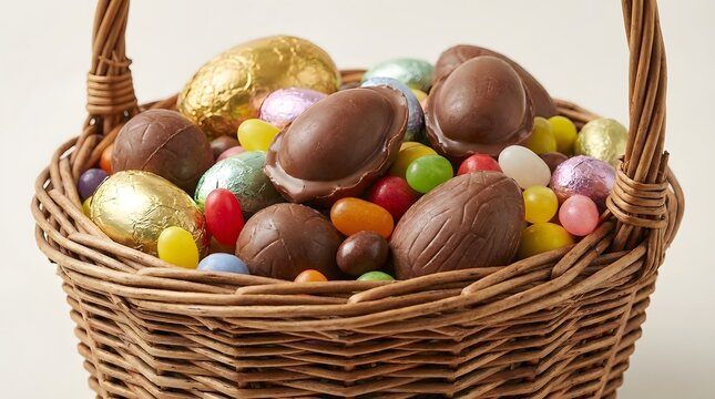 A close-up view of a traditional woven wicker basket brimming with an assortment of chocolate Easter eggs and vibrant jelly beans.