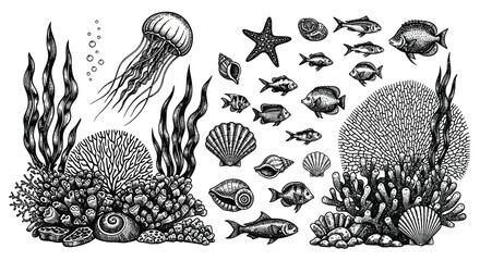 Detailed engraving of marine life including jellyfish fish coral and seashells © Ferdous_Studio1989