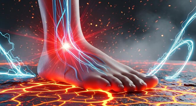 Ankle nerve pain and burning foot sensation. Peripheral neuropathy and podiatry treatment. 3D foot on cracked glowing ground with lightning and electric nerves