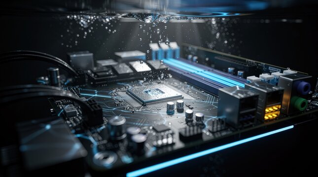 A close-up view of a futuristic, illuminated computer motherboard with visible circuits, ports, and electronic components under a reflective surface.