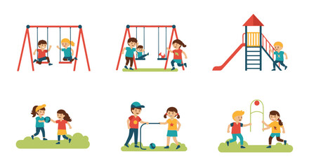 Fototapeta premium Children enjoying various outdoor activities on a playground and grassy areas